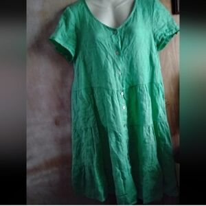 Carrie Green Button-Front Linen  Short Sleeve Tiered Dress